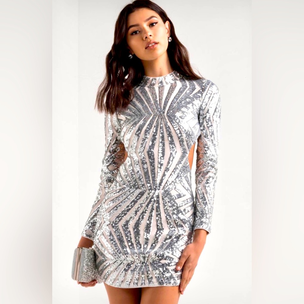 Sequin cocktail dress cut out back and sides silver prom Date Night GNO Vegas